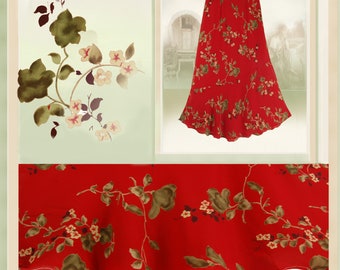 Vintage Maxi Falda UK 16 Femenino Rojo Floral Falda Hasta el Tobillo Crema Flores Tallos Verdes Hojas Sagharbour Excelente Conditon W 34"-36'