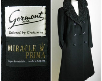 50s 60s three quarter length DOUBLE BREASTED winter coat by 'GORMONT' black wool oversized curly lambs collar 44'' bust M L