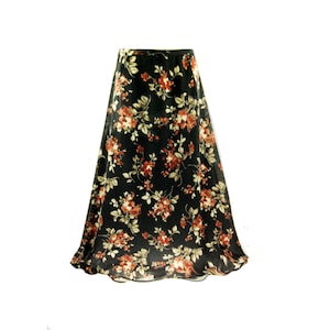 Long  Skirt  Vintage  Chiffon Black With Autum Bouquet Russet  UK 18-20 Russet Red Olive Green Cream Floral Print UK 18 -20 France 46-50
