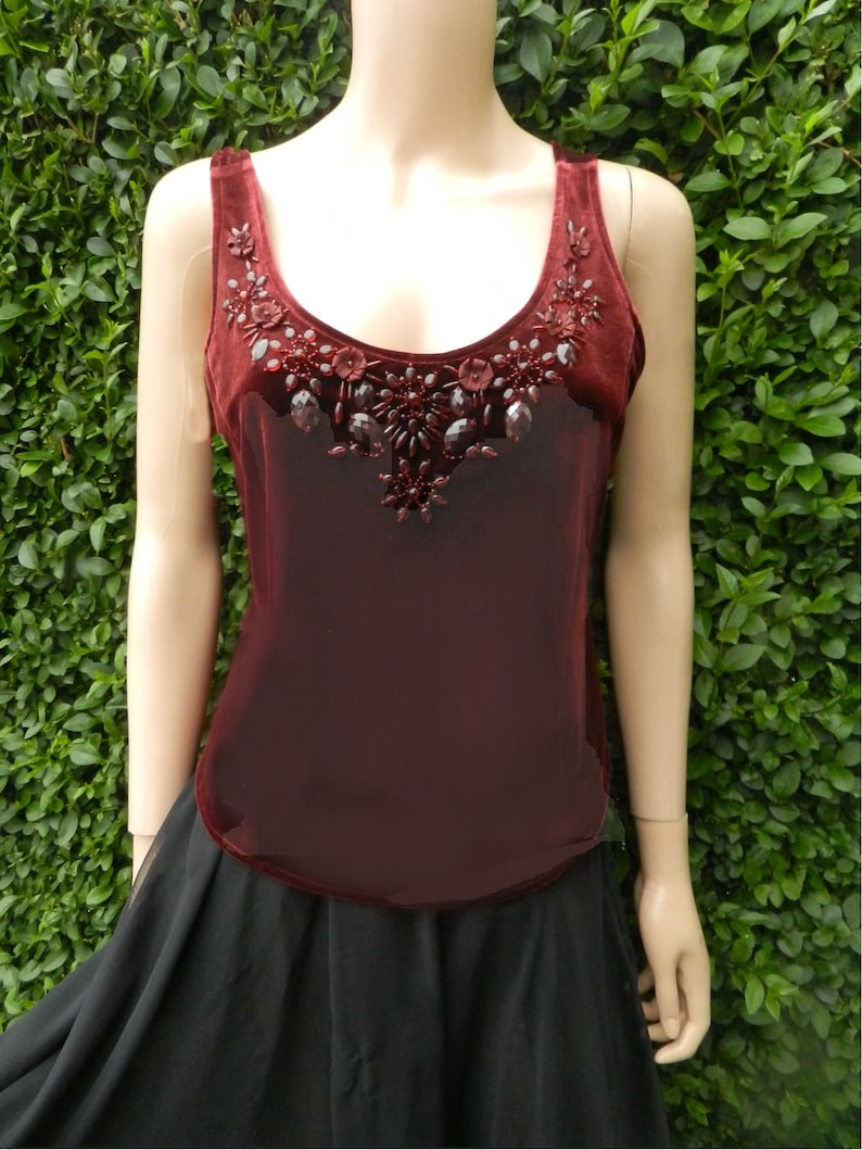 Autograph Beautiful Rich Red Wine Velvet Embellished Top Appliqu\u00e9 Flowers Embroidery Evening Top Or Over Blouse.