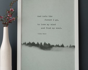 May include: A framed print with a quote by John Muir: "And into the forest I go, to lose my mind and find my soul." The quote is printed in black text on a light green background. The image features a misty forest scene.