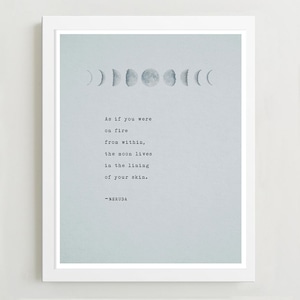 Pablo Neruda poetry art print, moon quote poster, wall decor, As if you were on fire from within, Neruda poem, Love poem, gift for her image 1