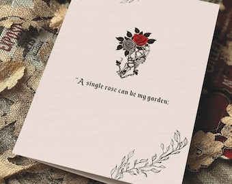 Tarjeta de aniversario gótica: Mano de esqueleto y rosas con frase de amor