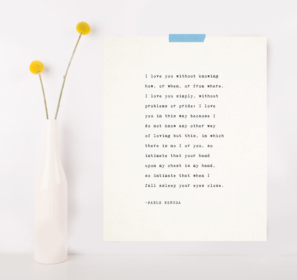 Pablo Neruda love poetry i love you without knowing how love - Etsy.de