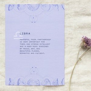 May include: A light purple card with the zodiac sign Libra and a description of the sign's personality traits. The text reads: "LIBRA PEACEFUL, FAIR. PARTNERSHIP IS VERY IMPORTANT FOR THEM. HAS STRONG INTELLECT AND A KEEN MIND. ENRICHED BY MUSIC, ART, AND BEAUTIFUL PLACES. ROMANTIC AND PATIENT."