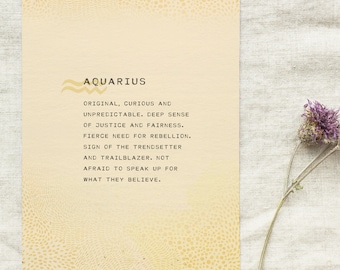 Aquarius zodiac print, birthday gift, Aquarius horoscope art, gift ideas, astrology signs, wall art, gift for her, Aquarius quote poster