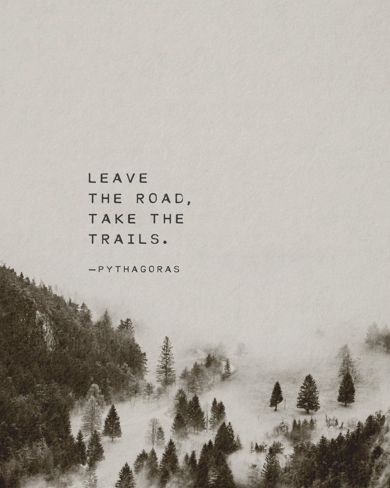 May include: A black and white inspirational quote against a foggy forest backdrop. The quote reads "Leave the road, take the trails." - Pythagoras.