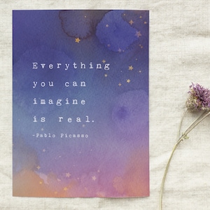 Pablo Picasso quote, everything you can imagine is real, kids art, watercolor print, typewriter poem, wall decor, gift for kids, nursery art