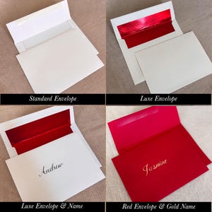 May include: A collection of envelopes, including a standard white envelope, a white envelope with a red interior, a white envelope with a red interior and the name "Andrew", and a red envelope with the name "Jasmine" in gold. The text "Standard Envelope", "Luxe Envelope", "Luxe Envelope & Name", and "Red Envelope & Gold Name" are displayed.