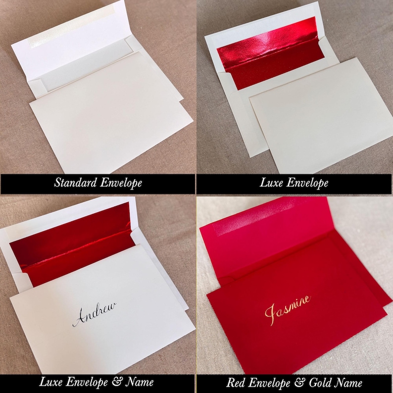 May include: A collection of envelopes, including a standard white envelope, a white envelope with a red interior, a white envelope with a red interior and the name "Andrew", and a red envelope with the name "Jasmine" in gold. The text "Standard Envelope", "Luxe Envelope", "Luxe Envelope & Name", and "Red Envelope & Gold Name" are displayed.