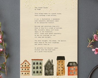 Rumi Poem Art Print: The Guest House, Watercolor Houses