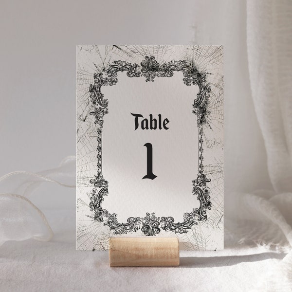 Goth spider web wedding table numbers. Alternative, rock or goth wedding. Gothic table numbers for wedding. Alternative bride table numbers.