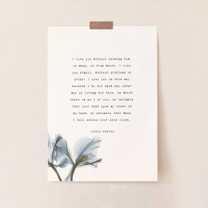 Pablo Neruda "I love you without knowing how" love poetry art. Romantic gift for significant other. Love poem gift.