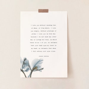 Pablo Neruda &quot;I love you without knowing how&quot; love poetry art. Romantic gift for significant other. Love poem gift.
