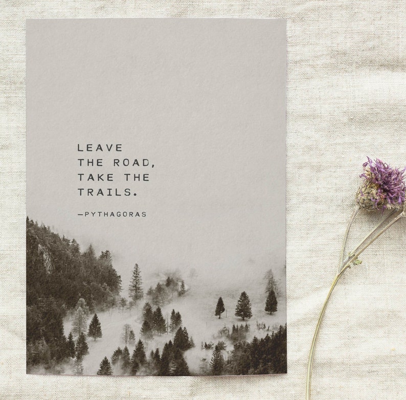 May include: A black and white photo of a misty forest with the quote "Leave the road, take the trails." attributed to Pythagoras.