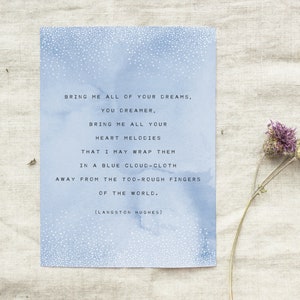 Langston Hughes Dream Keeper poetry art, dreams quote, poem print, wall decor, blue art, inspirational quote