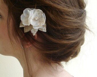 Rustic Wedding Hair Piece Burlap Bridal Flower Hair Clip, Ivory Flower Bridal Headpieces, Wedding Hair Accessories Bridesmaid Hair Pins