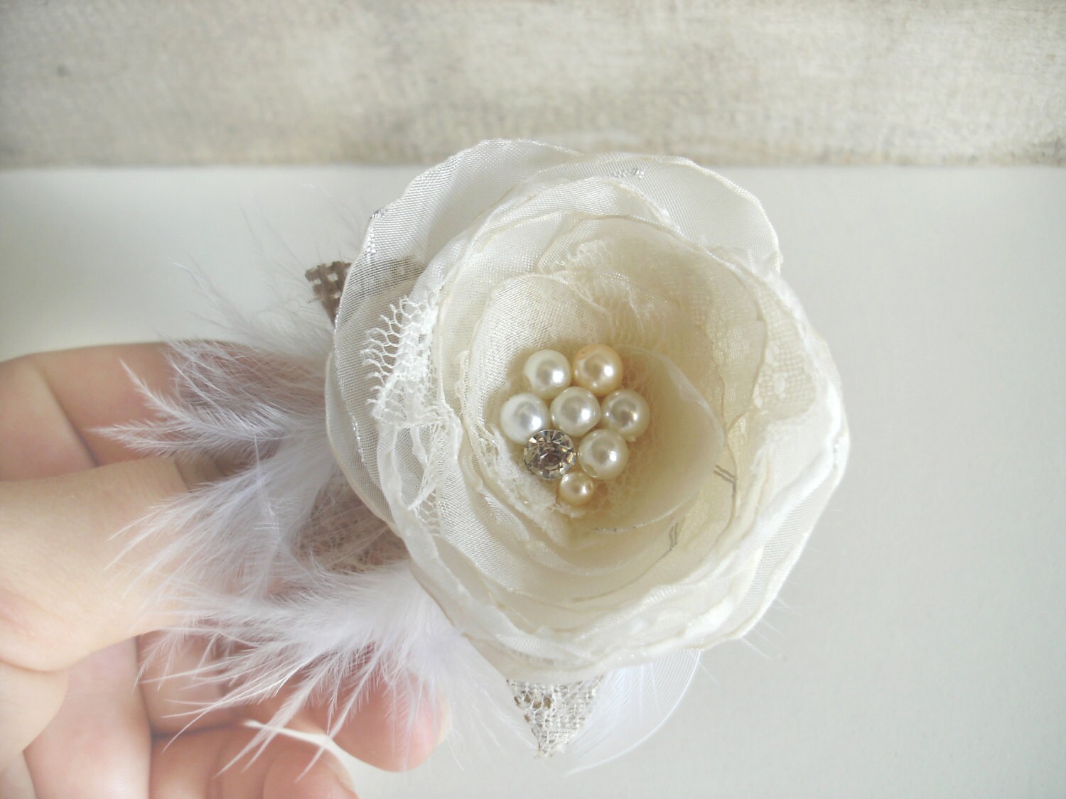 Ivory Wedding Flower Hair Piece Feather Bridal Hair Clip - Etsy