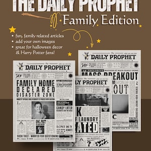 Könnte beinhalten: Ein digitaler Download von The Daily Prophet Family Edition Zeitungsvorlagen. Das Design zeigt schwarzen Text auf cremefarbenem Hintergrund mit Schlagzeilen wie Family Home Declared Disaster Zone, Mass Breakout und Laundry Created sowie gelben Sternen.