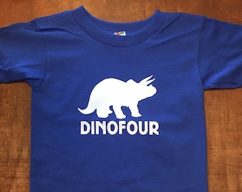 Turning 4 Dinosaur Birthday for Boys and Girls - "Dinofour" T-Shirt for Son's or Daughter's 4th Birthday Tee Gift for Four Year Olds