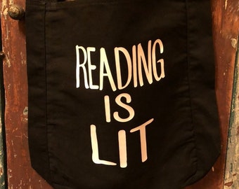 Reading is Lit Book Bag or Library Tote - Gift for Book Lovers English Teachers Librarians Back to School Large and Durable Cotton Bag