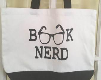 Book Nerd Tote or Library Bag - Gift for Book Lovers English Teachers Back to School Large Reusable Grocery Cotton Bag