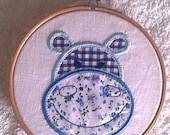 Hippo Embroidery Hoop. The appliqued design animals wall hanging or nursery