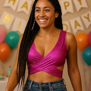 Hot Pink Metallic Wrap Crop Top – Festival, Rave, Dancewear, Party Outfit, Criss-Cross Top