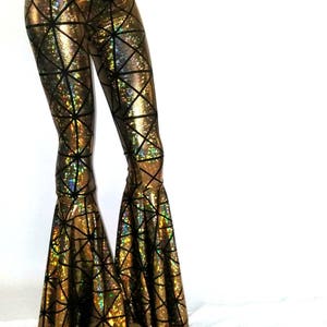 High Waisted Holographic Bell Bottom pants Gold Rainbow unicorn White silver Flares Spandex Leggings festival dance burning man