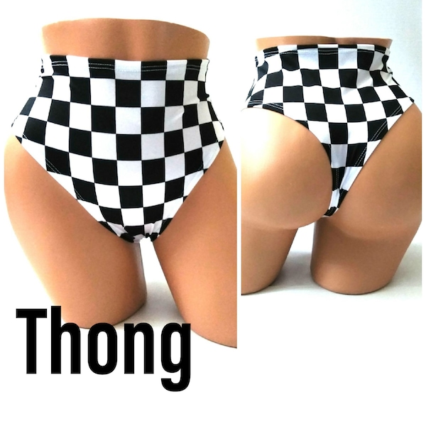 30 Colors! High waist Checkered Rave bottoms "Thong" shorts Black and white Check print Checkerboard Burning man Check flag Festival EDC