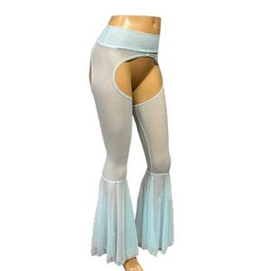 May include: Light blue sheer leggings with a high waist and open sides. The leggings have flared bottoms with a matching light blue fabric. The garment is displayed on a mannequin.
