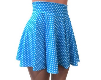 Polka dot Spandex Skater skirt, blue and white Circle skirt 10",12",13, 15", 17" and 19" lengths Clubwear, Rave Wear High Waist EDM