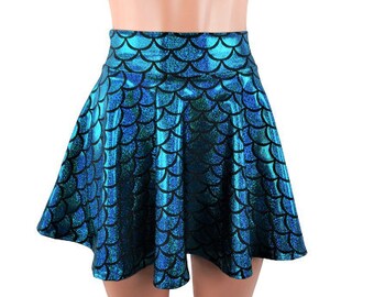 Turquoise Mermaid Skater skirt, Circle skirt, Big round Shimmering scale fabric comes in 10",12",15", and 19" lengths Clubwear, Rave Wear