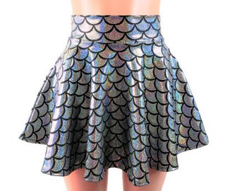 Silver Mermaid Skater skirt, Circle skirt, Big round Shimmering scale fabric comes in 10",12",15", and 19" lengths Clubwear, Rave Wear