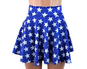 Blue and White stars  Skater skirt, Circle skirt comes in 10",12",15", and 19" lengths Clubwear, Rave Wear Super Hero USA