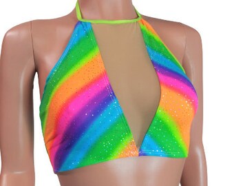 Rainbow Peekaboo Halter top crop top EDC EDM festival party dance Rave Zanza Designs Clothing