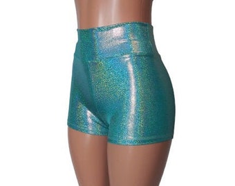 27  Colors! High Waisted holographic Hot pants shorts Marine seafoam shorts Shimmering festival Rave Pinup Shorts Performance Pole shorts