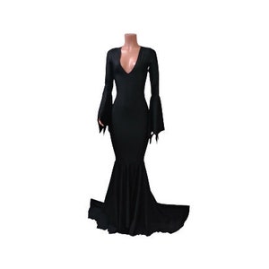 Morticia Addams dress Choose neckline black Mermaid Dress, Witch Goth Vampire  Long puddle train Zanza Designs Clothing Festival Rave Glam