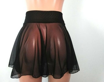 Black Sheer mini Skater  Skirt, 15" Cheeky skirt Soft Stretch festival Beach Pole Dancer See through skirt Rave Wear