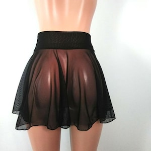 Black Sheer mini Skater  Skirt, 15&quot; Cheeky skirt Soft Stretch festival Beach Pole Dancer See through skirt Rave Wear