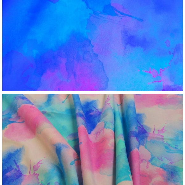 UV Glow Pastel tie dye fabric  Spandex print fabric sold by the  half and full Yard Nylon Spandex
