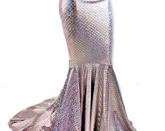 High Waist Hologram Mermaid Skirt, Pink Silver Spandex Rave Festival