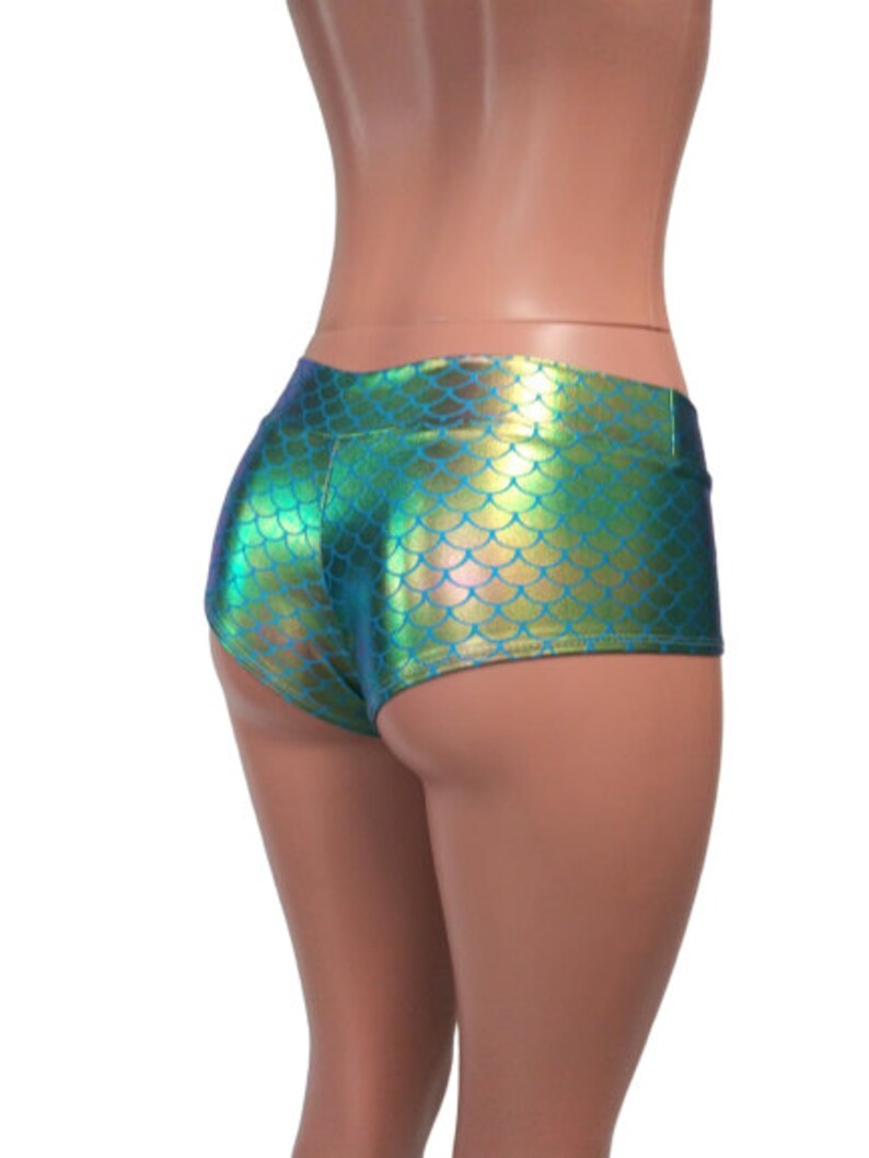 17 Mermaid Colors Holographic Rave bottoms Low waist booty shorts Mermaid print pole shorts Festival EDC Clubwear