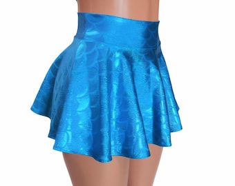 Turquoise blue  Mermaid Skater skirt, Circle skirt, Big round Shimmering scale fabric comes in 10",12",15", and 19" lengths  Rave Wear