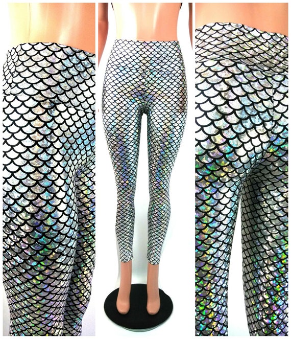 Red MERMAID LEGGINGS Holographic Clubwear Rave Disco Party Womens Size  SMALL/MED