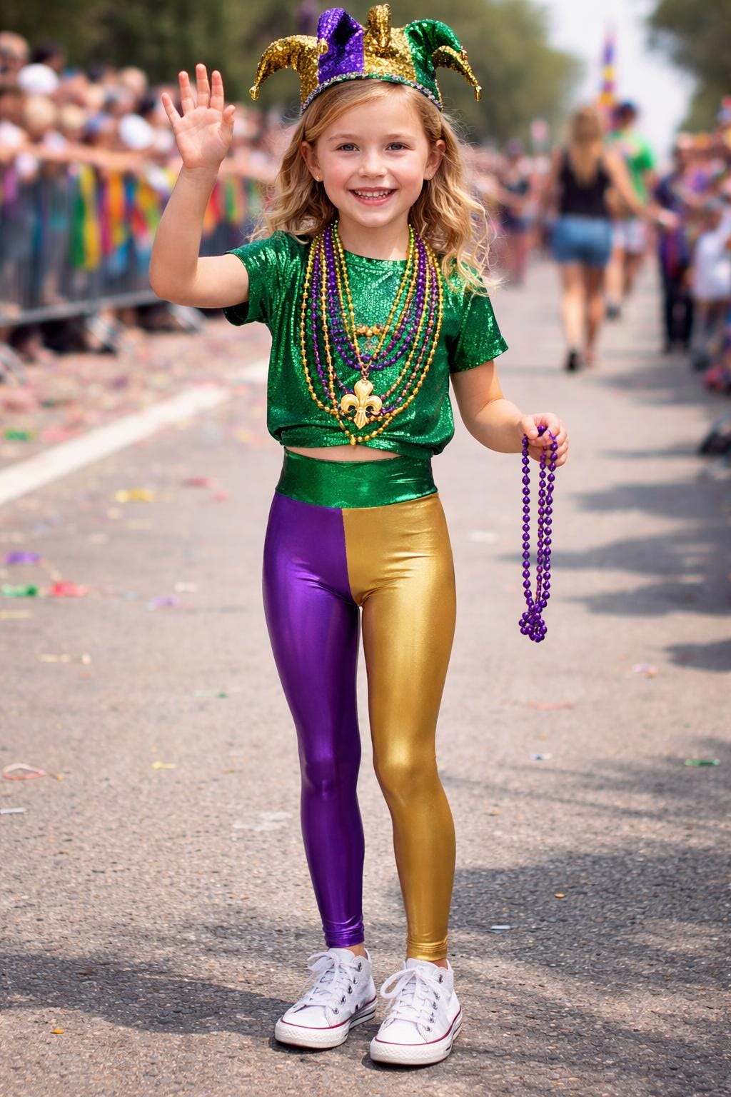Kids Mardi Gras Leggings - Purple Gold Green Festival Pants for Girls - Shiny Parade Outfit - Carnival Dance Pants - Holiday Costume Bottoms