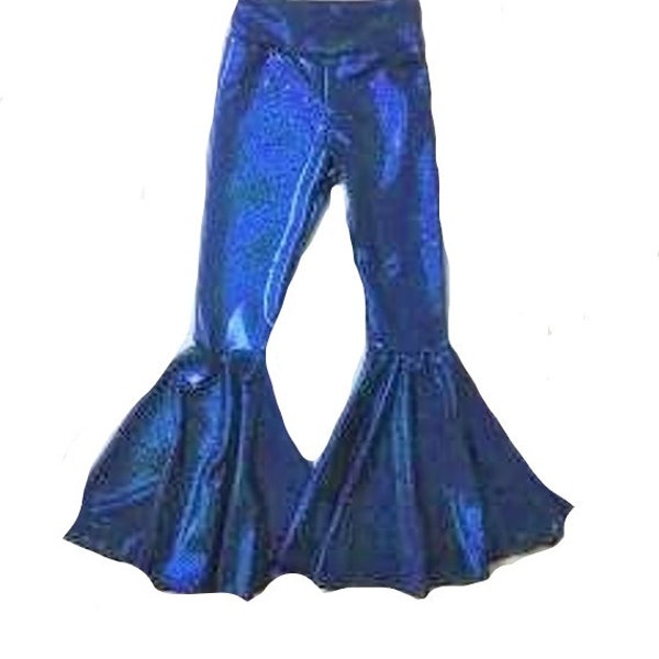 May include: High-waisted pants in a vibrant, metallic royal blue fabric with a distinct shimmering finish. The garment features a fitted upper section that transitions into wide, dramatic flared bell-bottom legs that extend outward from the knee.