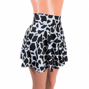 Cow print Spandex Skater skirt, Circle skirt 10&quot;,12&quot;,13, 15&quot;, 17&quot; and 19&quot; lengths Clubwear, Rave Wear High Waist EDM Black white cow skirt