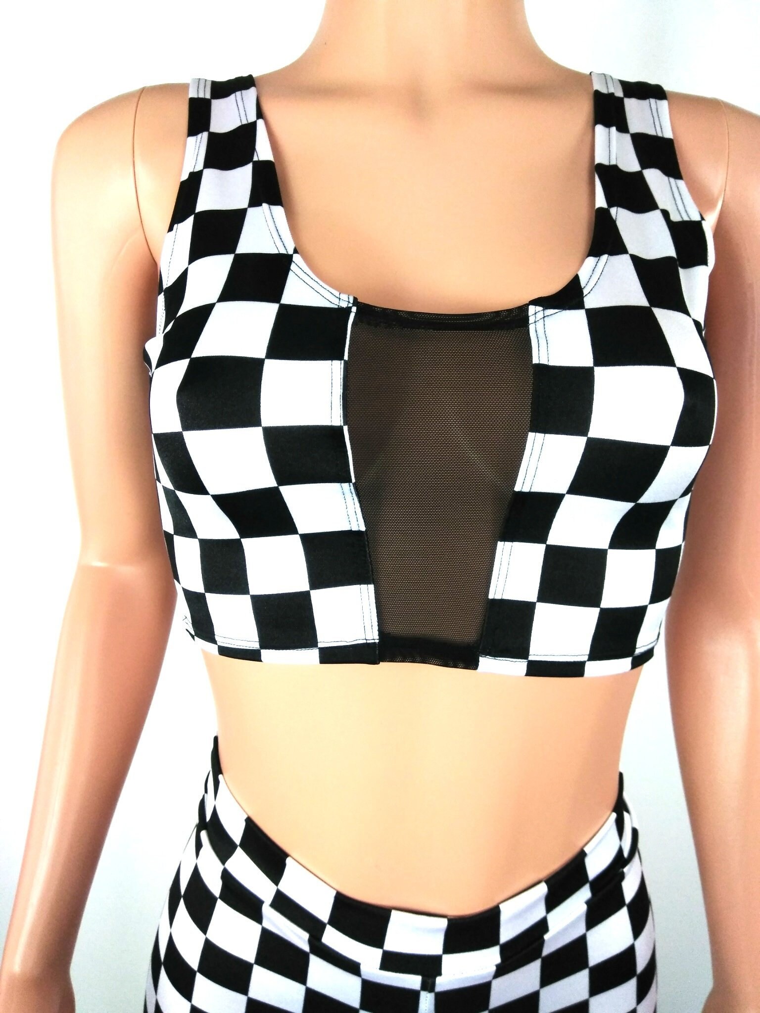 Checker Print Peekaboo Tank Top Crop Top Black and White Festival Party ...
