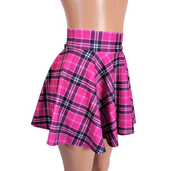 Hot Pink Plaid Spandex Skater skirt, Circle skirt 10",12",13, 15", 17" and 19" lengths Clubwear, Rave Wear High Waist EDM  Plaid